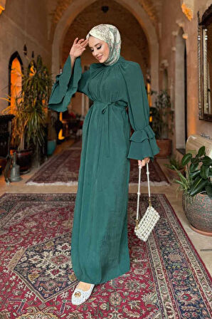 Kol Fırfır Detaylı Elbise 3925 Zümrüt