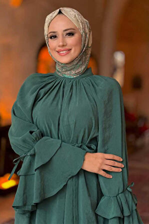 Kol Fırfır Detaylı Elbise 3925 Zümrüt