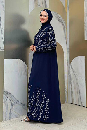 Taş Detaylı Yelekli Elbise Takım 3929 Lacivert