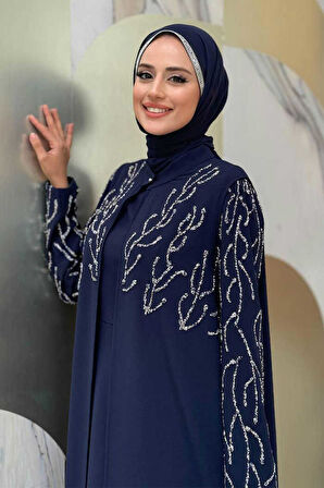 Taş Detaylı Yelekli Elbise Takım 3929 Lacivert