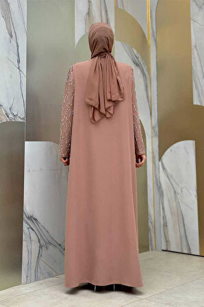 Taş Detaylı Yelekli Elbise Takım 3929 Vizon