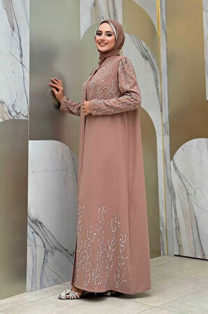 Taş Detaylı Yelekli Elbise Takım 3929 Vizon