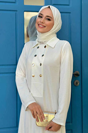 Çıt Çıt Düğme Detaylı Elbise 3928 Ekru