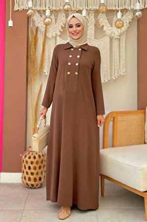 Çıt Çıt Düğme Detaylı Elbise 3928 Kahverengi