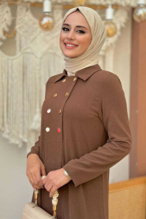 Çıt Çıt Düğme Detaylı Elbise 3928 Kahverengi