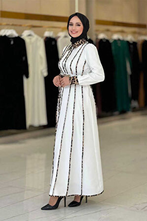 Leopar Biyeli Kemerli Elbise 3930 Ekru