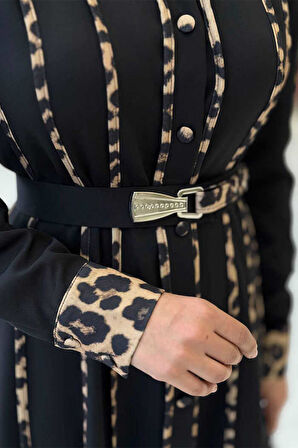 Leopar Biyeli Kemerli Elbise 3930 Siyah