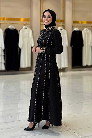 Leopar Biyeli Kemerli Elbise 3930 Siyah
