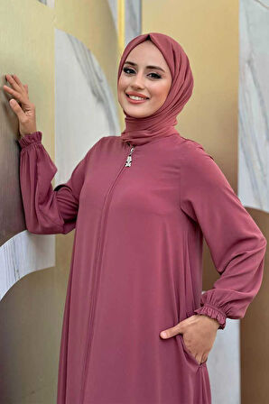 Fermuarlı Kol Manşetleri Büzgülü Mevlana Ferace 6007 Pudra