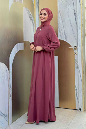 Fermuarlı Kol Manşetleri Büzgülü Mevlana Ferace 6007 Pudra