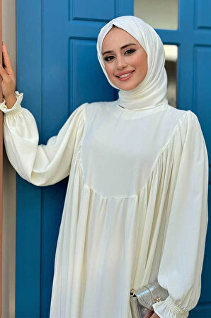 Kol Manşetleri Büzgülü Elbise 6004 Ekru