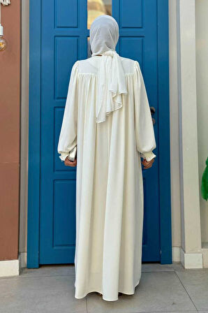 Kol Manşetleri Büzgülü Elbise 6004 Ekru