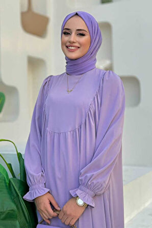 Kol Manşetleri Büzgülü Elbise 6004 Lila