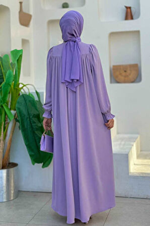 Kol Manşetleri Büzgülü Elbise 6004 Lila