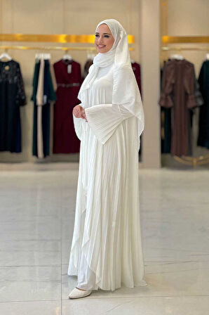 Pilise Detaylı Uzun Tunik ve Pantolon İkili Takım 8575 Ekru