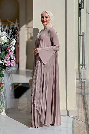 Pilise Detaylı Uzun Tunik ve Pantolon İkili Takım 8575 Vizon