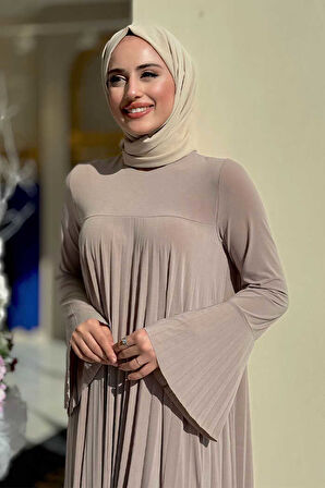 Pilise Detaylı Uzun Tunik ve Pantolon İkili Takım 8575 Vizon