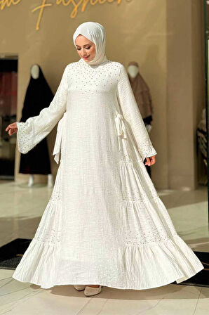 Taş İşleme Detaylı Elbise 3933 Ekru