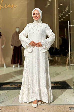 Taş İşleme Detaylı Elbise 3933 Ekru