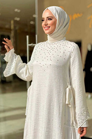 Taş İşleme Detaylı Elbise 3933 Ekru