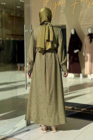 Taş Detaylı Jakar Elbise 3924 Haki