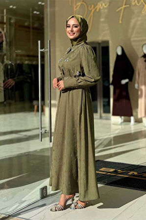 Taş Detaylı Jakar Elbise 3924 Haki