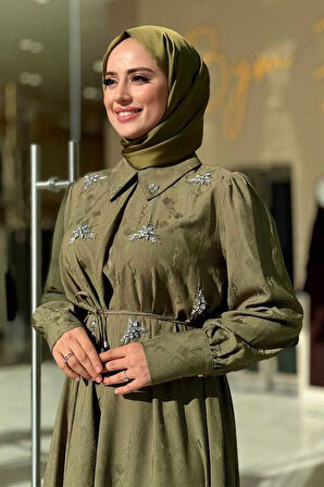 Taş Detaylı Jakar Elbise 3924 Haki