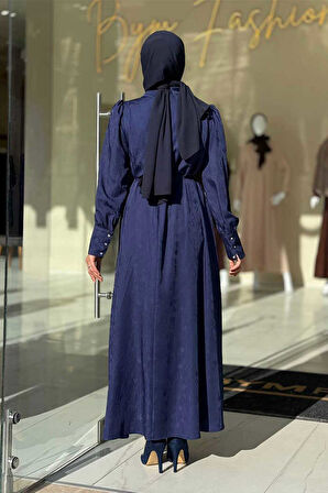 Taş Detaylı Jakar Elbise 3924 Lacivert