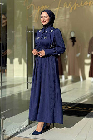 Taş Detaylı Jakar Elbise 3924 Lacivert