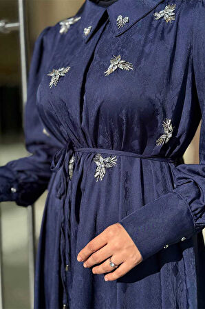 Taş Detaylı Jakar Elbise 3924 Lacivert