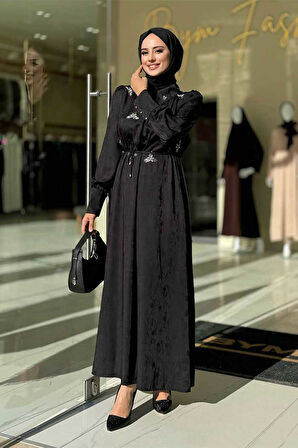 Taş Detaylı Jakar Elbise 3924 Siyah