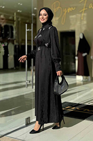 Taş Detaylı Jakar Elbise 3924 Siyah