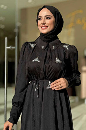 Taş Detaylı Jakar Elbise 3924 Siyah