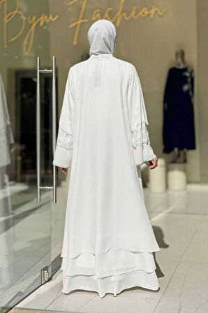 Taş Detaylı Şal ve Abaya İkili Takım 70001 Ekru