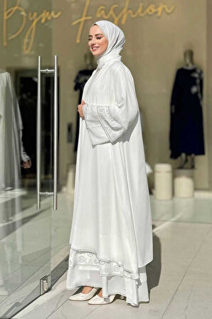 Taş Detaylı Şal ve Abaya İkili Takım 70001 Ekru