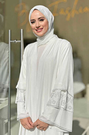 Taş Detaylı Şal ve Abaya İkili Takım 70001 Ekru