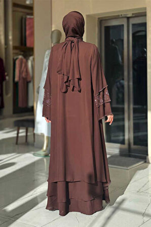 Taş Detaylı Şal ve Abaya İkili Takım 70001 Kahverengi