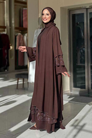 Taş Detaylı Şal ve Abaya İkili Takım 70001 Kahverengi