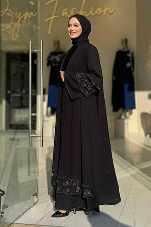 Taş Detaylı Şal ve Abaya İkili Takım 70001 Siyah
