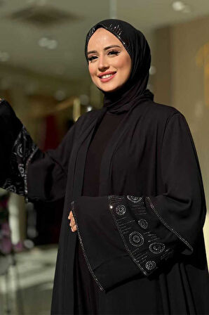 Taş Detaylı Şal ve Abaya İkili Takım 70001 Siyah