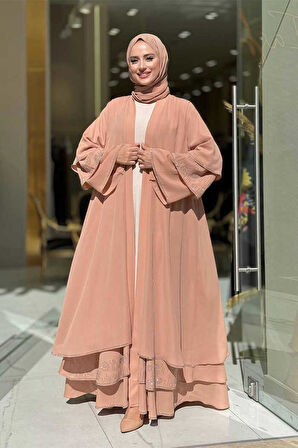 Taş Detaylı Şal ve Abaya İkili Takım 70001 Taba