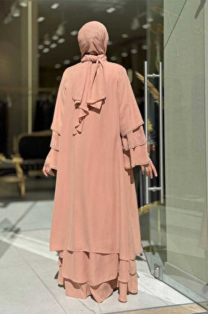 Taş Detaylı Şal ve Abaya İkili Takım 70001 Taba