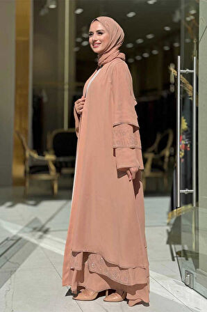 Taş Detaylı Şal ve Abaya İkili Takım 70001 Taba