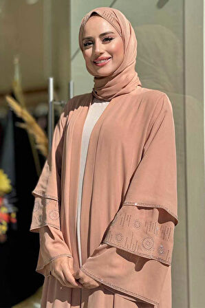 Taş Detaylı Şal ve Abaya İkili Takım 70001 Taba