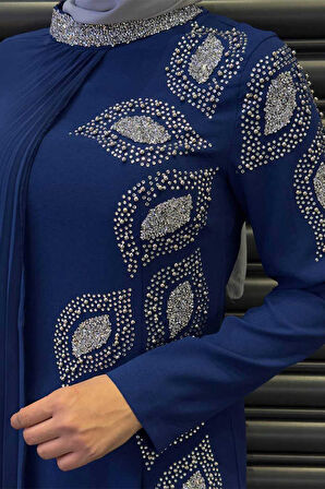 Taş Detaylı Pelerinli Elbise 3938 Lacivert