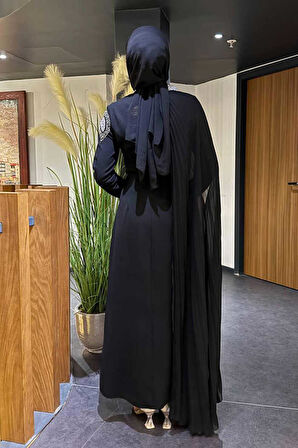 Taş Detaylı Pelerinli Elbise 3938 Siyah