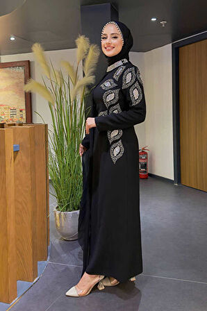 Taş Detaylı Pelerinli Elbise 3938 Siyah