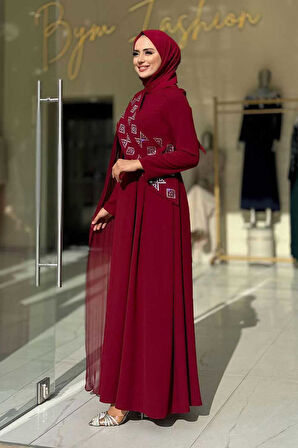 Pelerin Detaylı Elbise 3940 Bordo