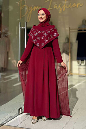 Pelerin Detaylı Elbise 3940 Bordo