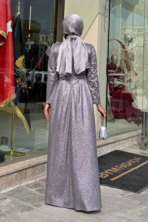 Simli Taş Detaylı Abiye 3934 Gri